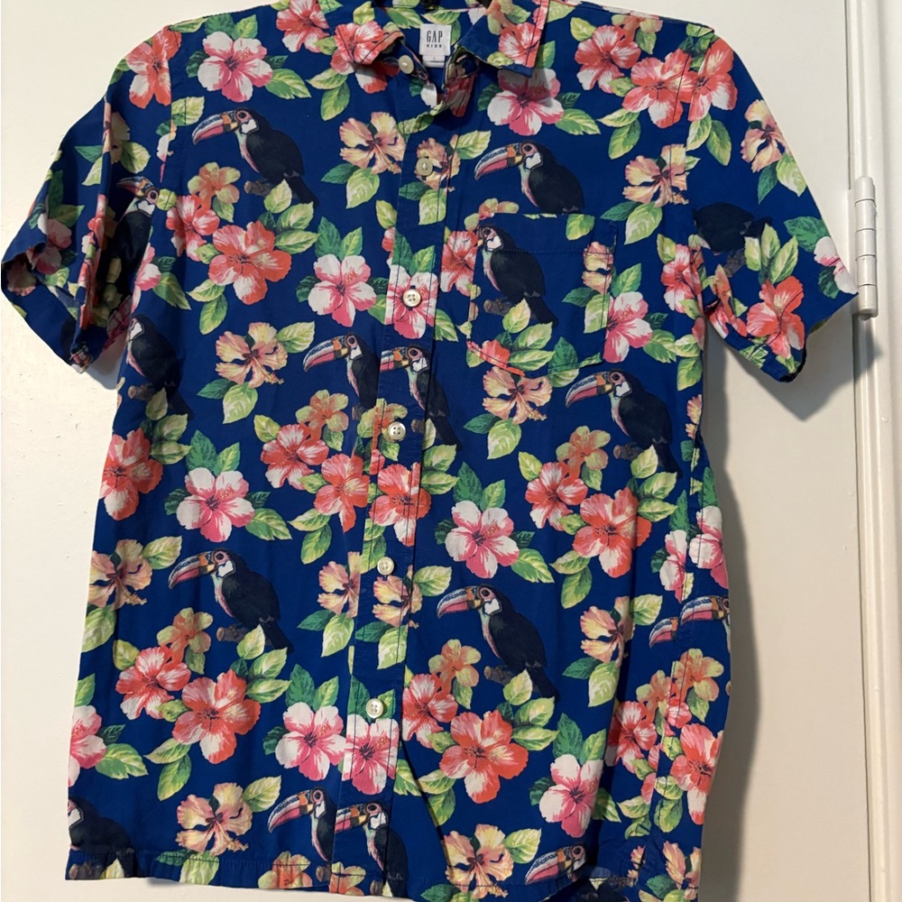 GAP Kids Blue and Pink Floral and Tucan Print Casual Button Down Shirt Size L